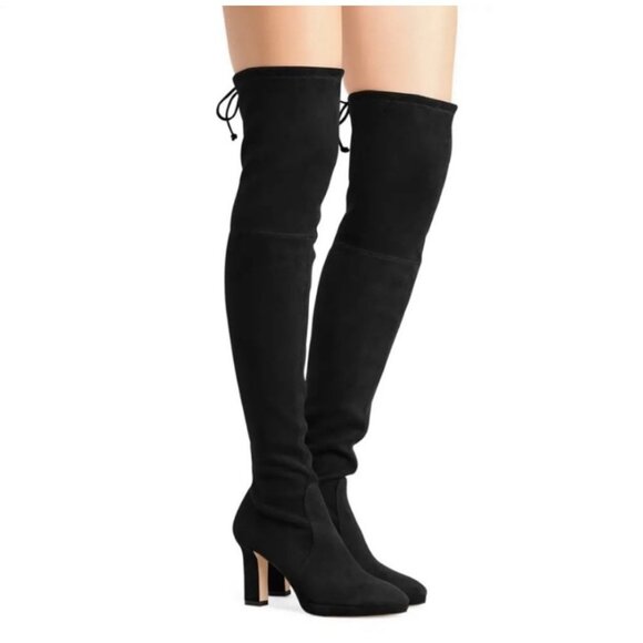 Stuart Weitzman Ledyland Black Suede Leather Tie Back Over the Knee Heeled Boots - Picture 1 of 11